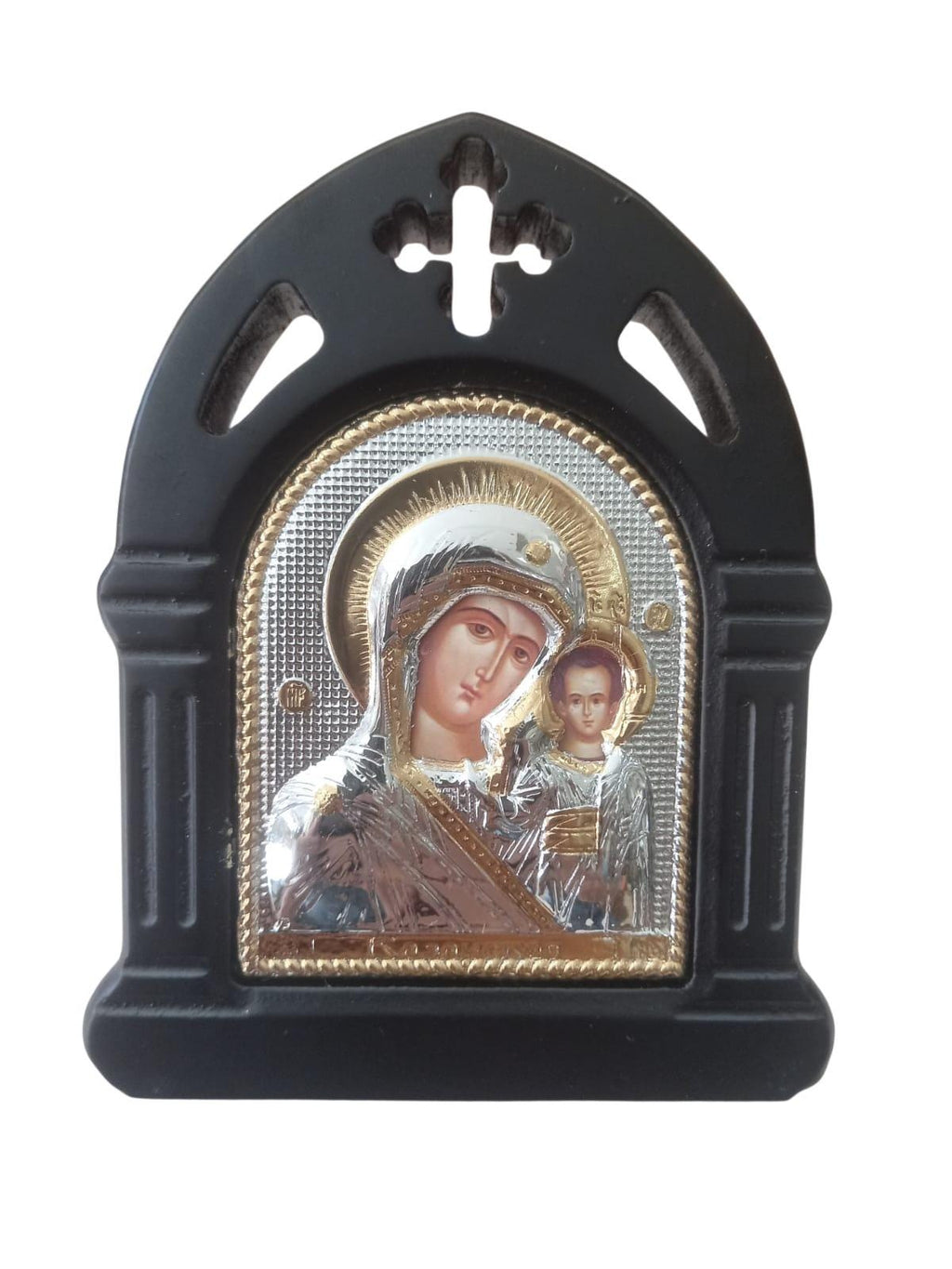 Virgin Mary Kazan Icon Wooden Frame Silver Tone Gold Accent Orthodox Wall Decor 4.5”