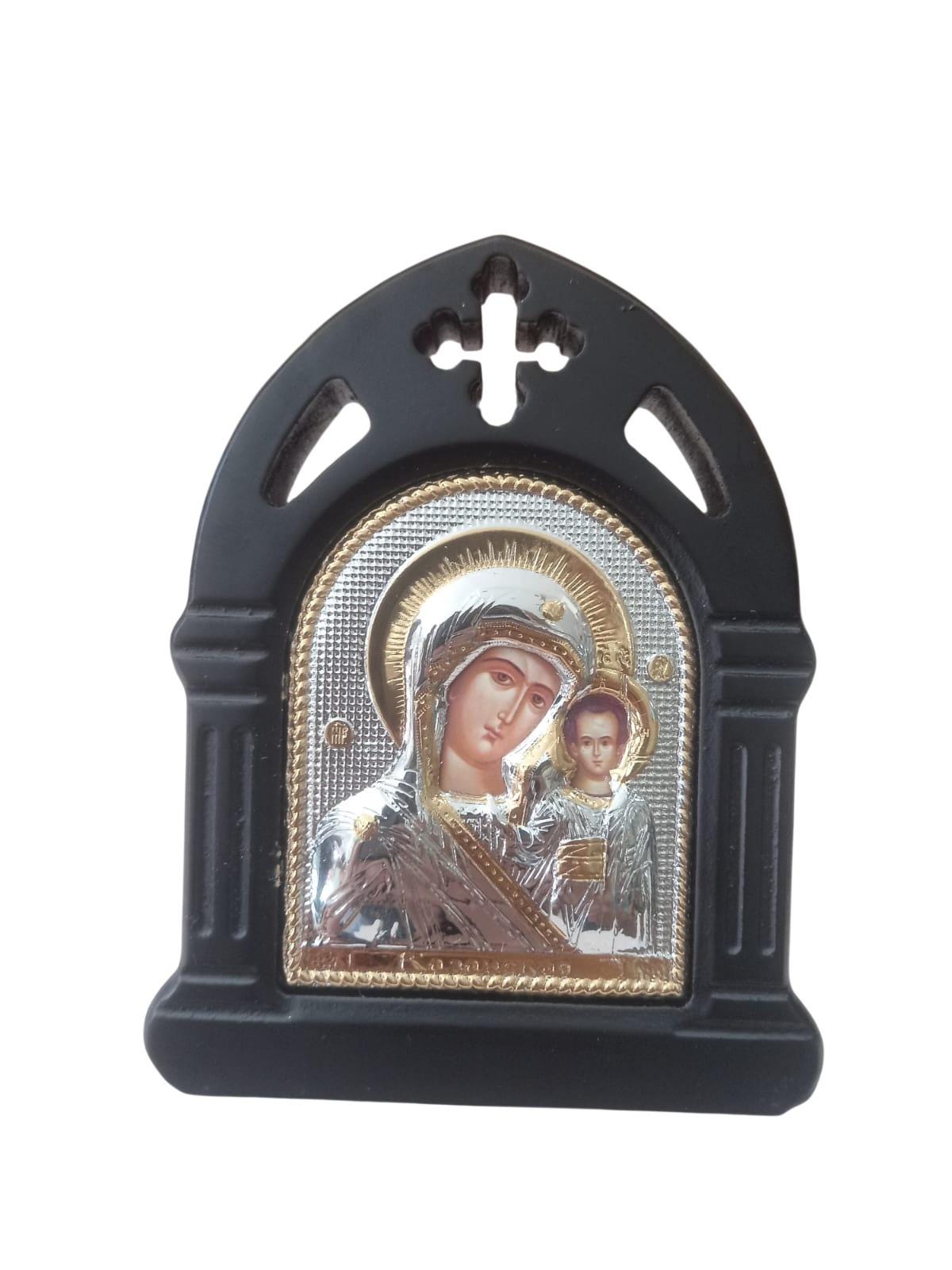 Virgin Mary Kazan Icon Wooden Frame Silver Tone Gold Accent Orthodox Wall Decor 4.5”