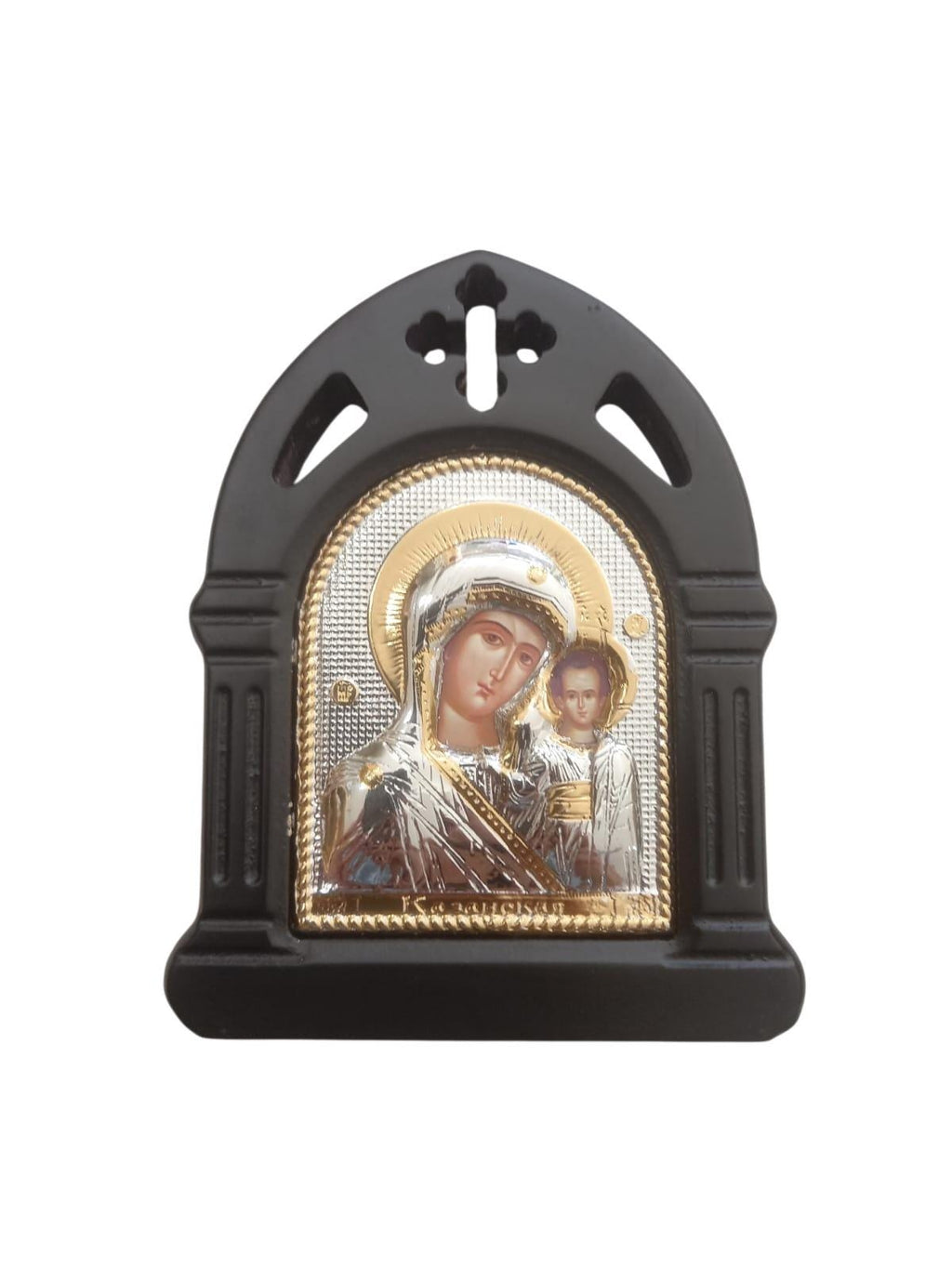 Virgin Mary Kazan Icon Wooden Frame Silver Tone Gold Accent Orthodox Wall Decor 4.5”