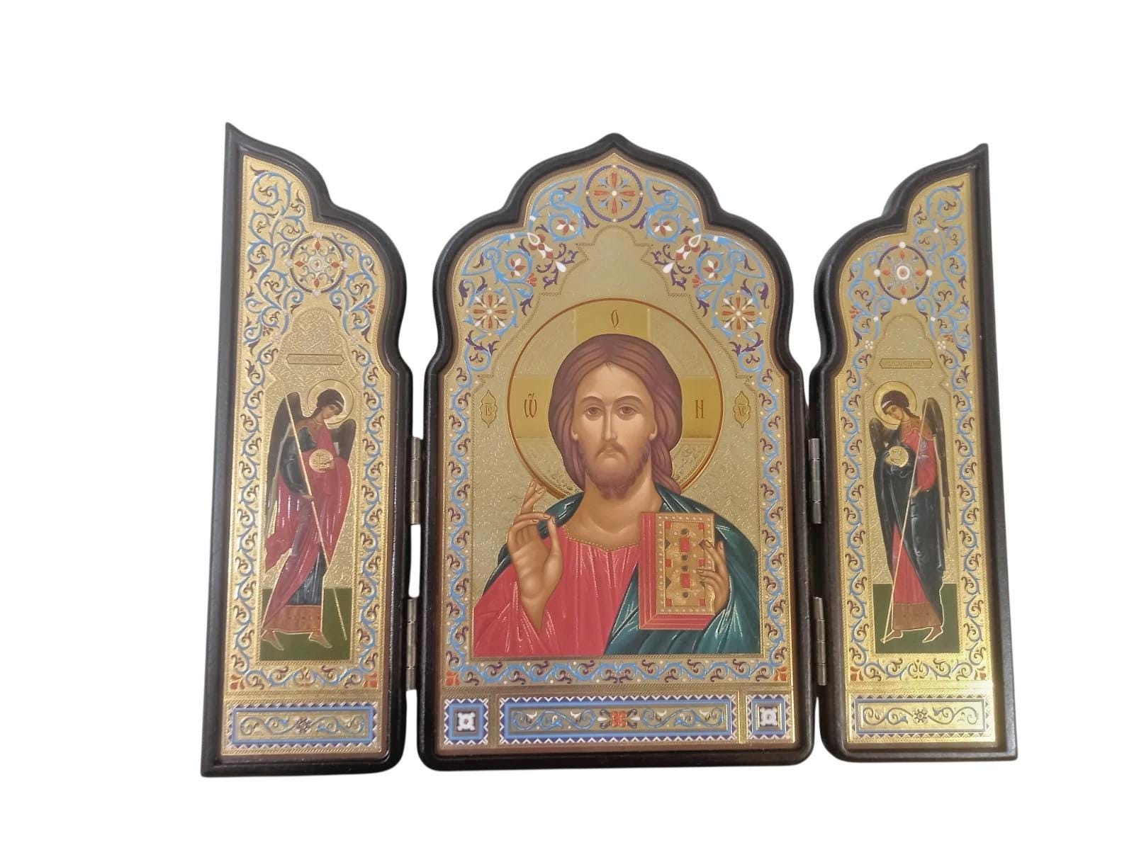 Wooden Triptych Icon Jesus Christ Archangels Michael Gabriel Foldable Gilded Icon 29x23cm Religious Orthodox Prayer Icon