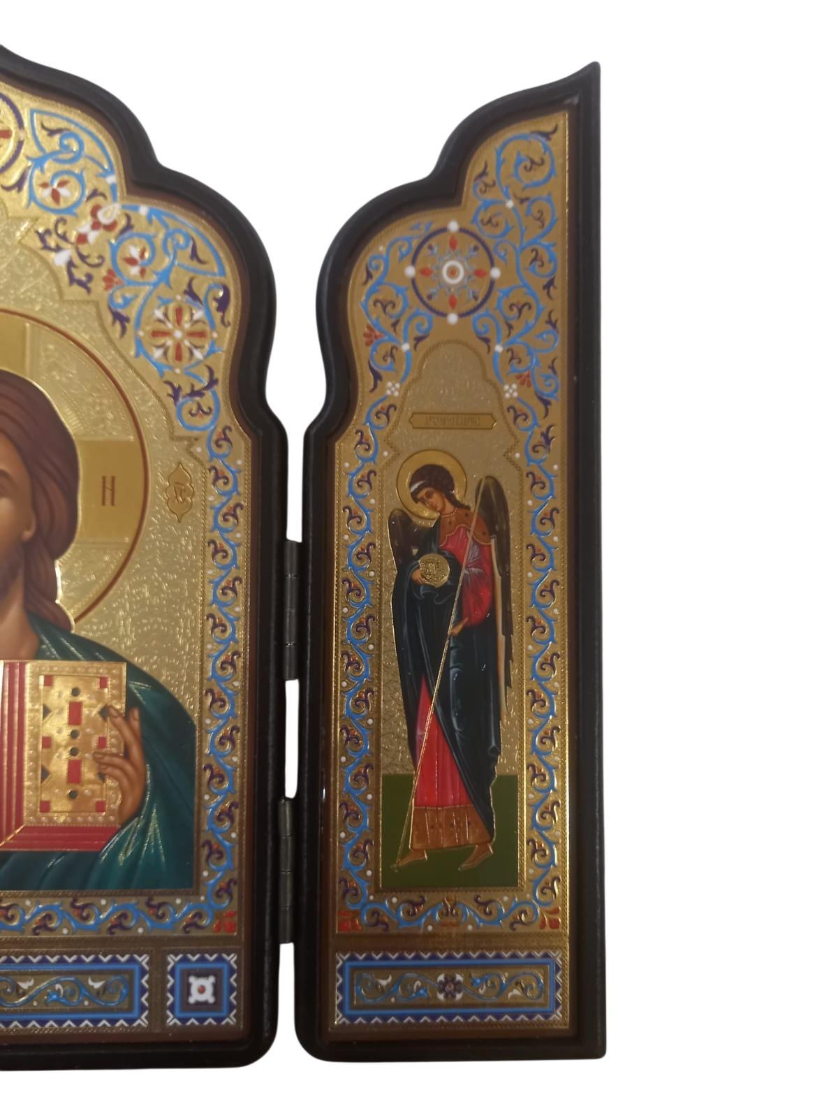 Wooden Triptych Icon Jesus Christ Archangels Michael Gabriel Foldable Gilded Icon 29x23cm Religious Orthodox Prayer Icon
