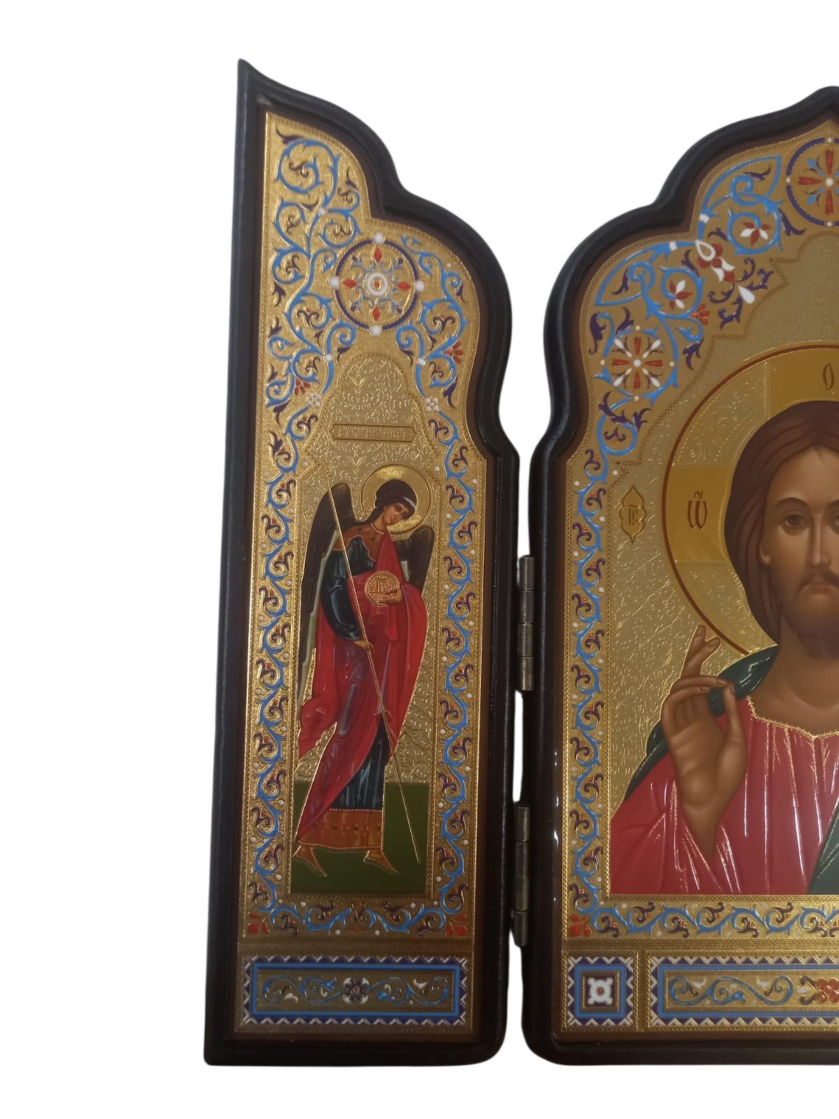 Wooden Triptych Icon Jesus Christ Archangels Michael Gabriel Foldable Gilded Icon 29x23cm Religious Orthodox Prayer Icon