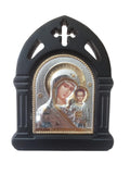 Virgin Mary Kazan Icon Wooden Frame Silver Tone Gold Accent Orthodox Wall Decor 4.5”