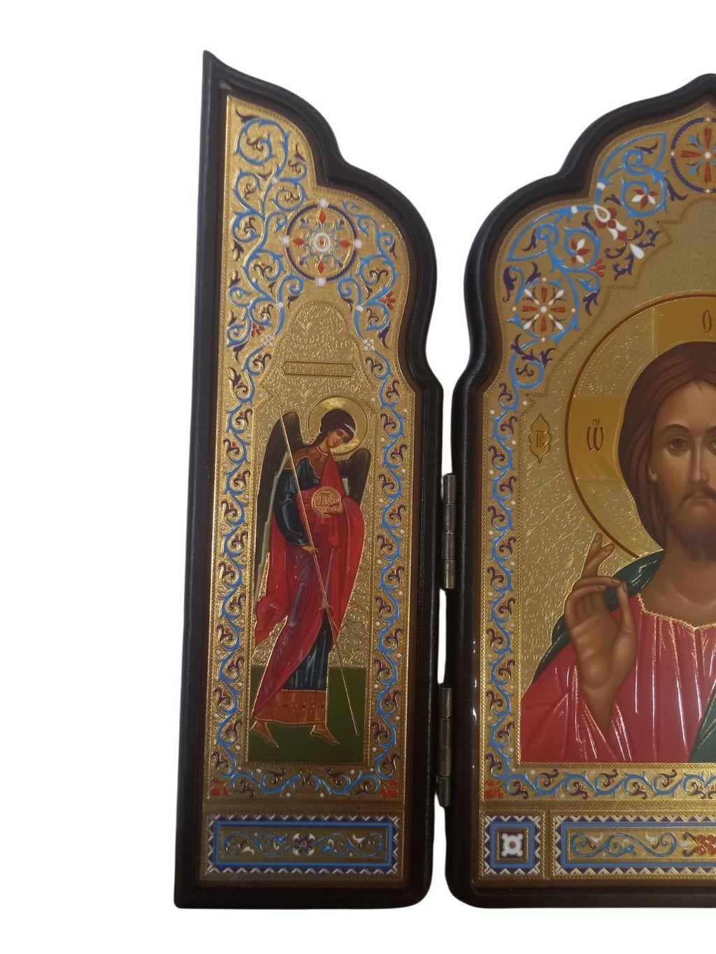 Wooden Triptych Icon Jesus Christ Archangels Michael Gabriel Foldable Gilded Icon 29x23cm Religious Orthodox Prayer Icon