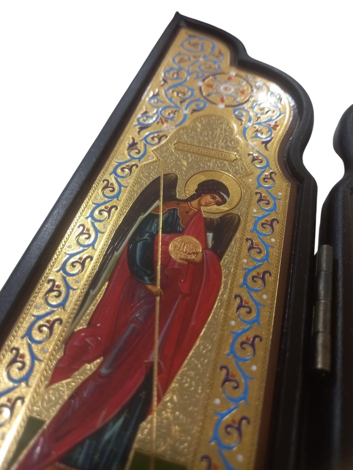 Wooden Triptych Icon Jesus Christ Archangels Michael Gabriel Foldable Gilded Icon 29x23cm Religious Orthodox Prayer Icon