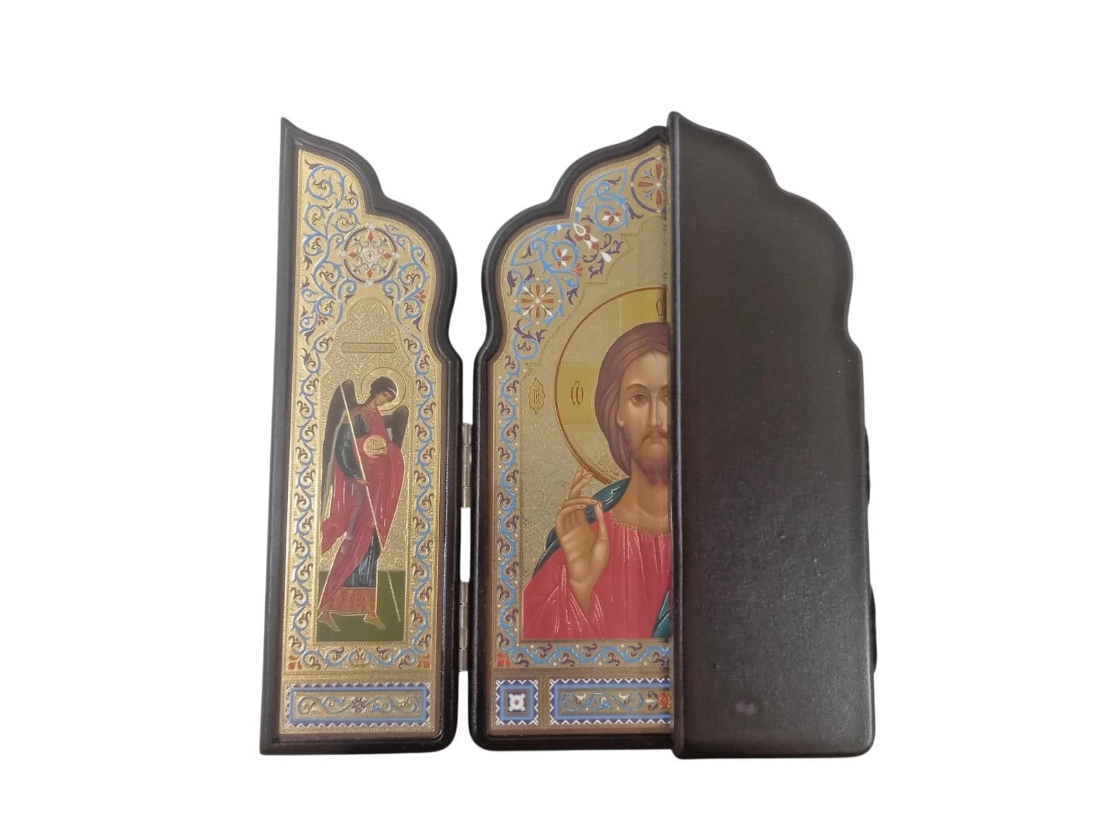 Wooden Triptych Icon Jesus Christ Archangels Michael Gabriel Foldable Gilded Icon 29x23cm Religious Orthodox Prayer Icon