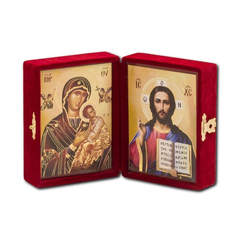 Greek Orthodox Velvet Diptych Icon Red Folding Byzantine Travel Icon with Christ Blessing & Theotokos Sweet Kissing Religious Gift