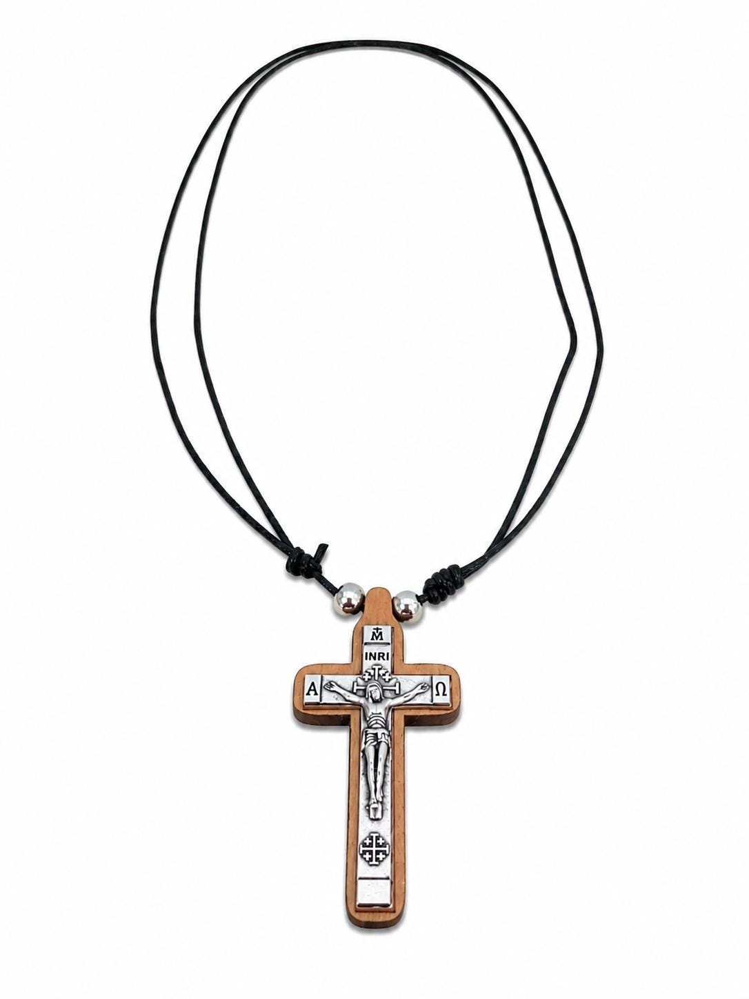 Handmade Wooden Orthodox Cross Necklace Greek Crucifix Pendant Adjustable Cord Baptism Gift Christian Religious Jewelry